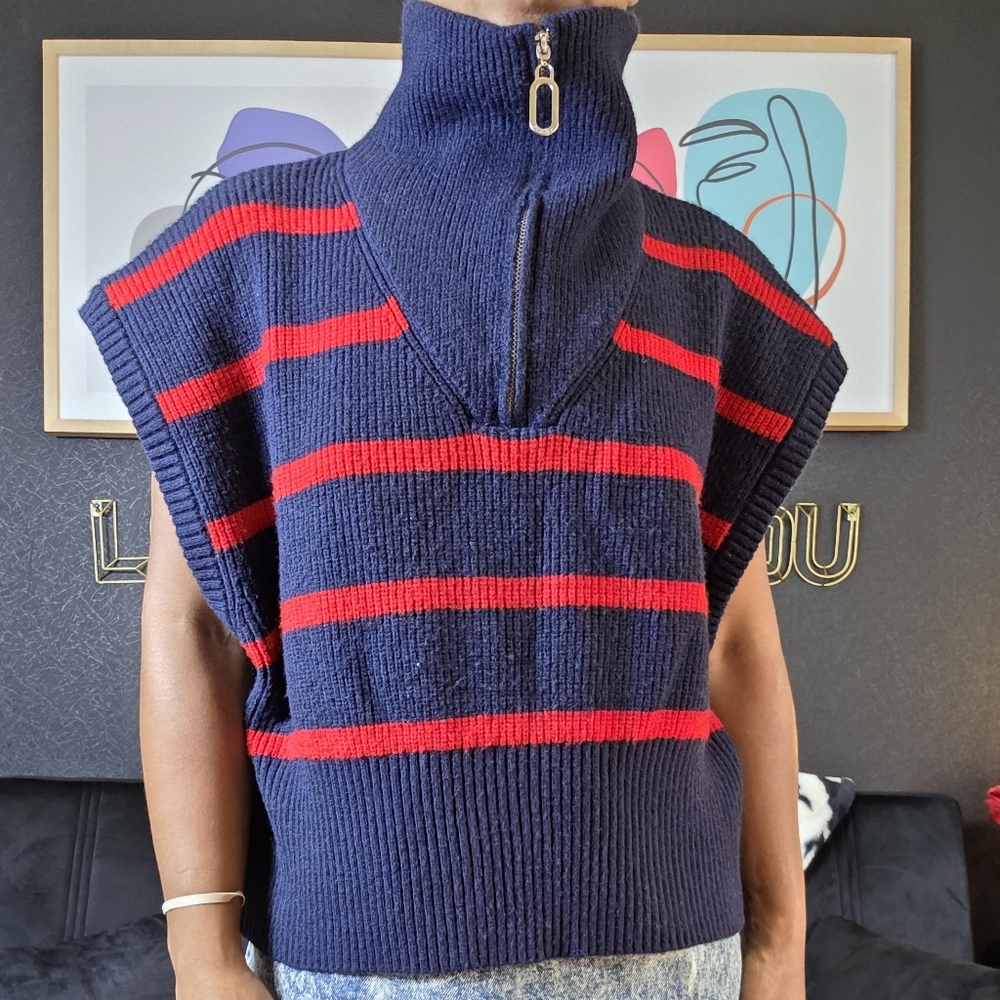 Maeve By Anthropologie Navy and Red Striped Knit Cropped Sweater
